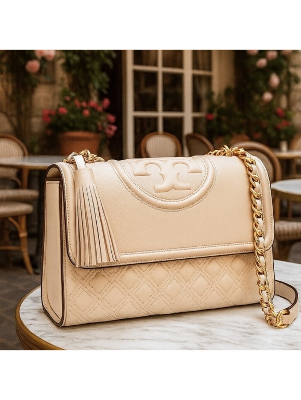 TORY BURCH CREAM BAG CROSSBODY SMALL FLEMING CONVERTIBLE SHOULDER BAG TASSELED